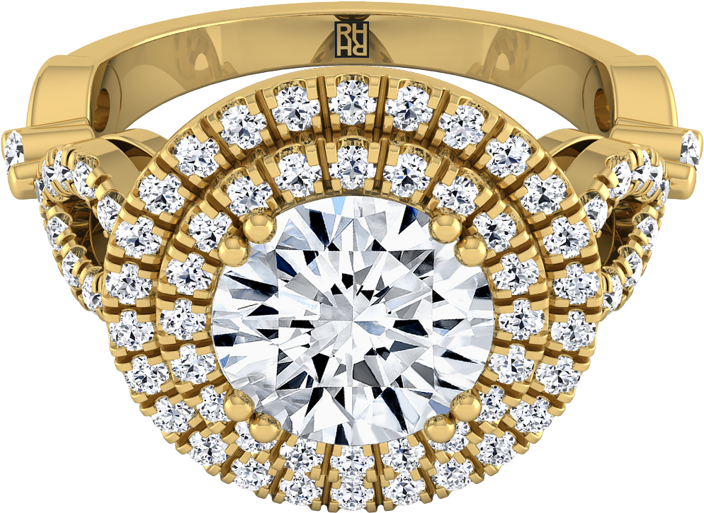 Round Diamond Double Halo Engagement Ring 18k Yellow - Ring Clipart (1200x1200), Png Download