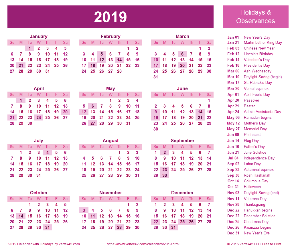 Calendar 2019 Pink Png - 2019 Calendar With Holiday List Clipart (1034x870), Png Download