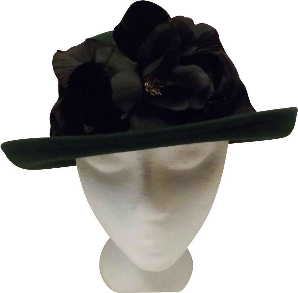 Hunter Green Bowler Derby Women's Hat With Black Flower Clipart Large