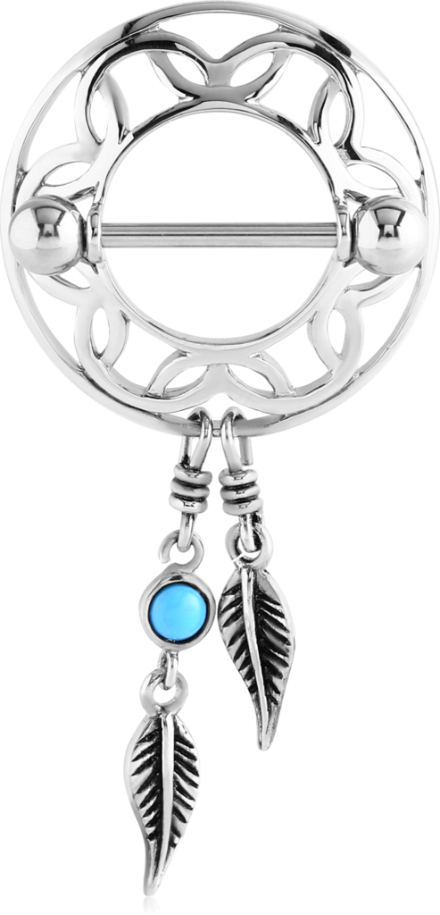 Stainless Steel Nipple Shield With Turquoise Feather - Brustwarzen Piercing Traumfänger Clipart (493x1024), Png Download