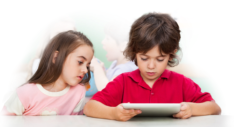 Children Doing School Work On A Tablet - Toddler Clipart (769x419), Png Download