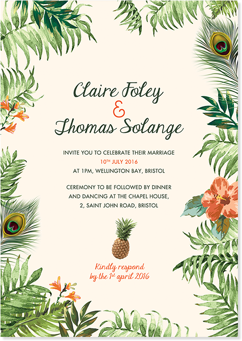 Invitation Jungle Pepperandjoy Front Uk - Tropical Wedding Invitation Png Clipart (700x700), Png Download