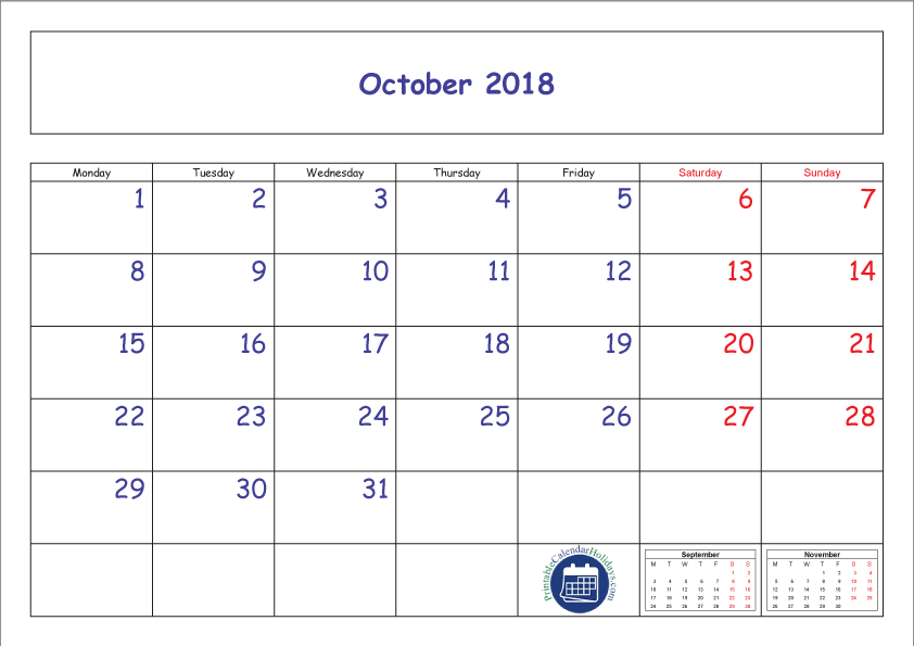 October Calendar 2018 Printable Template Pdf, Jpg - January 2018 Calendar Transparent Clipart (842x595), Png Download