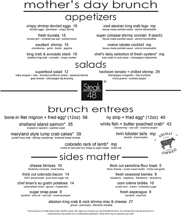 Steak 48 Chicago Mother's Day Menu Fine Dining Steak House Menu