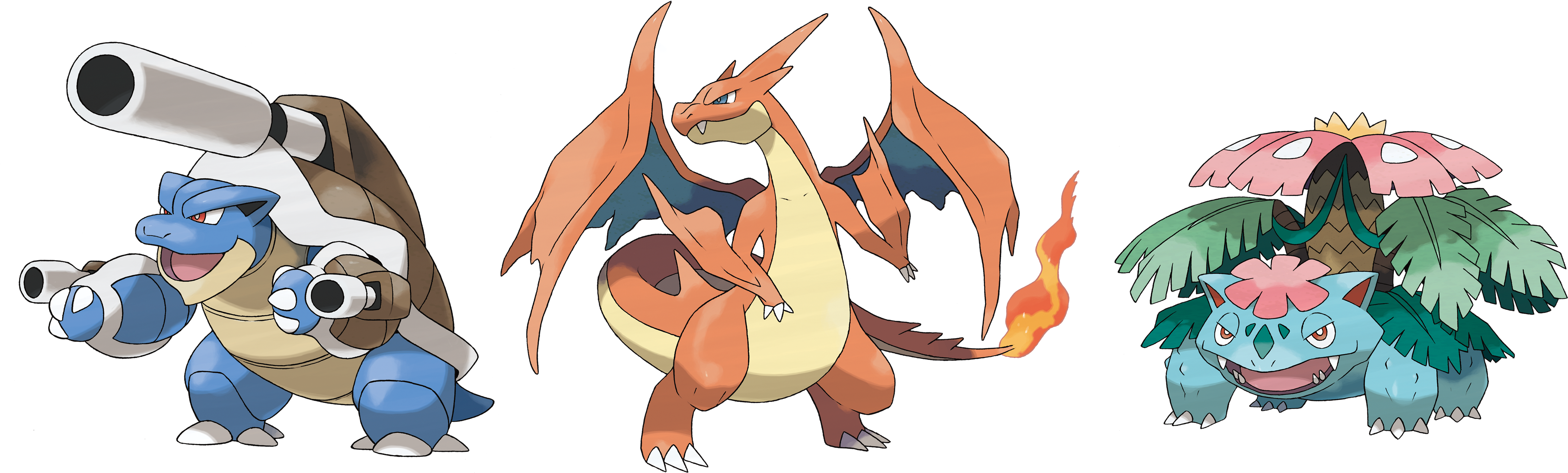 List Of Generation I Pokémon Wikipedia - Venusaur Blastoise Charizard Mega Evolution Clipart (4300x1352), Png Download