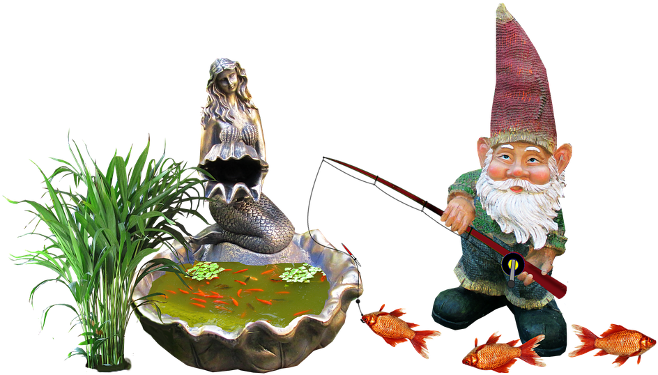 Gnome, Fish, Pond - Cartoon Clipart (960x569), Png Download