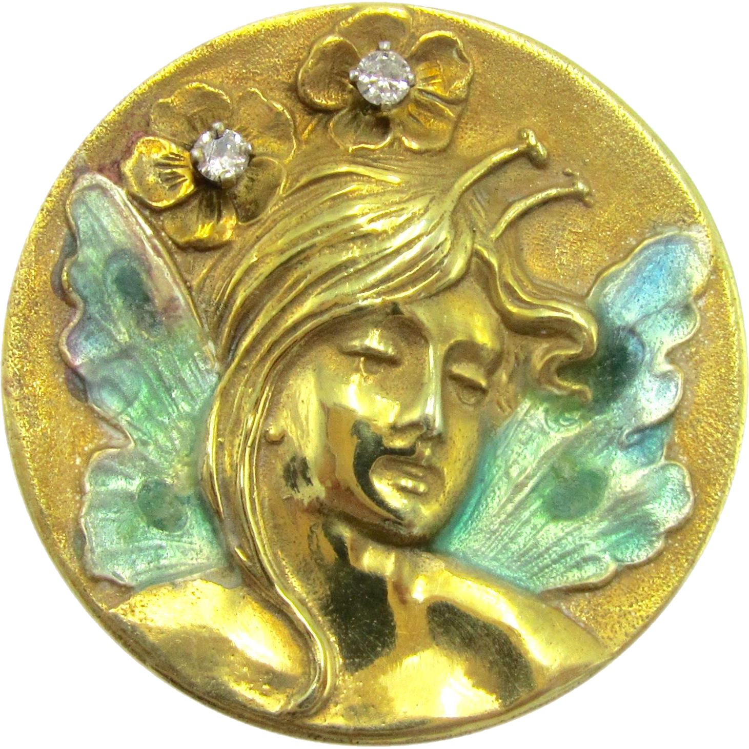 Art Nouveau Fairy / Pixie 14k Gold Circle Brooch Pin - Bronze Clipart (1461x1461), Png Download
