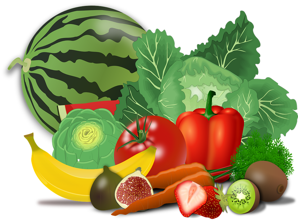 Fruits, Vegetables, Artichoke, Banana, Berries, Cabbage - Healthy Food Cartoon Transparent Clipart (960x707), Png Download