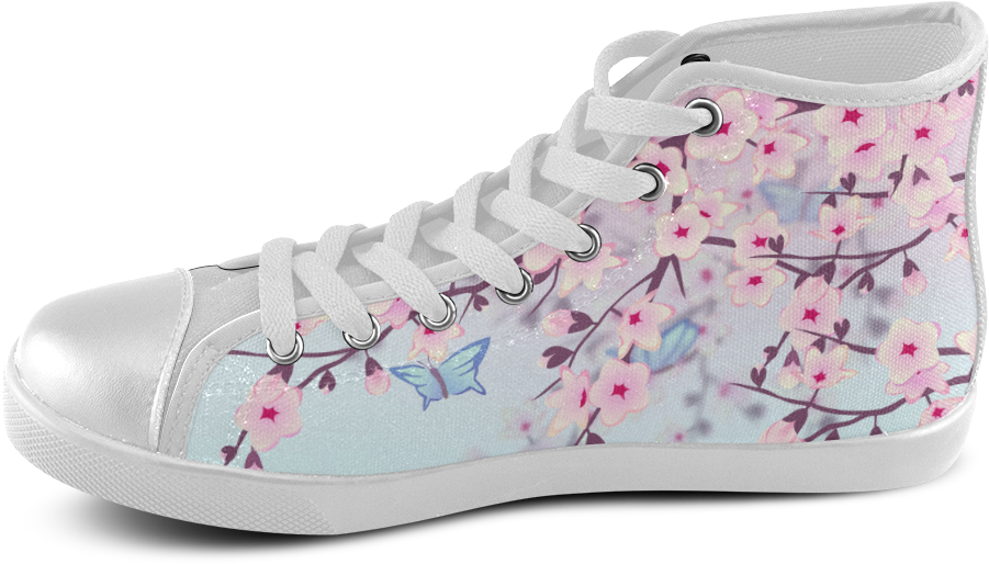 Cherry Blossoms Butterflies Sakura Asia Floral Women's - High-top Clipart (1000x1000), Png Download