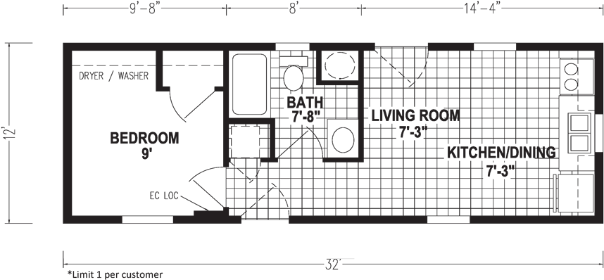 1 Bedroom Mobile Home Micro 12 X 32 384 Sqft Factory - Mobile Home Clipart (880x411), Png Download