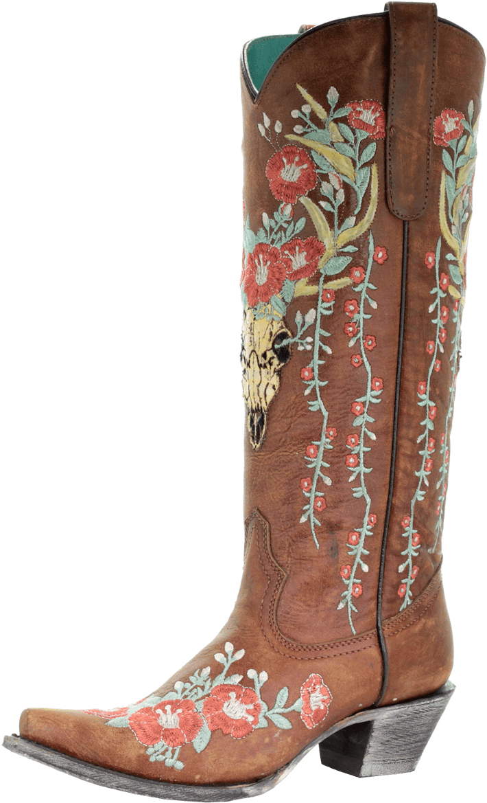 Corral Women S Skull Overlay Floral Embroidery - Floral Embroidered Cowboy Boots Clipart (735x1200), Png Download