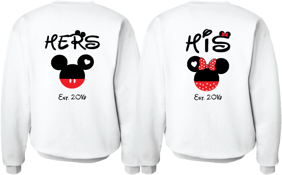 Cute His Hers Big Ears Mickey Minnie Mouse Head Polka - Long-sleeved T-shirt Clipart (1014x697), Png Download