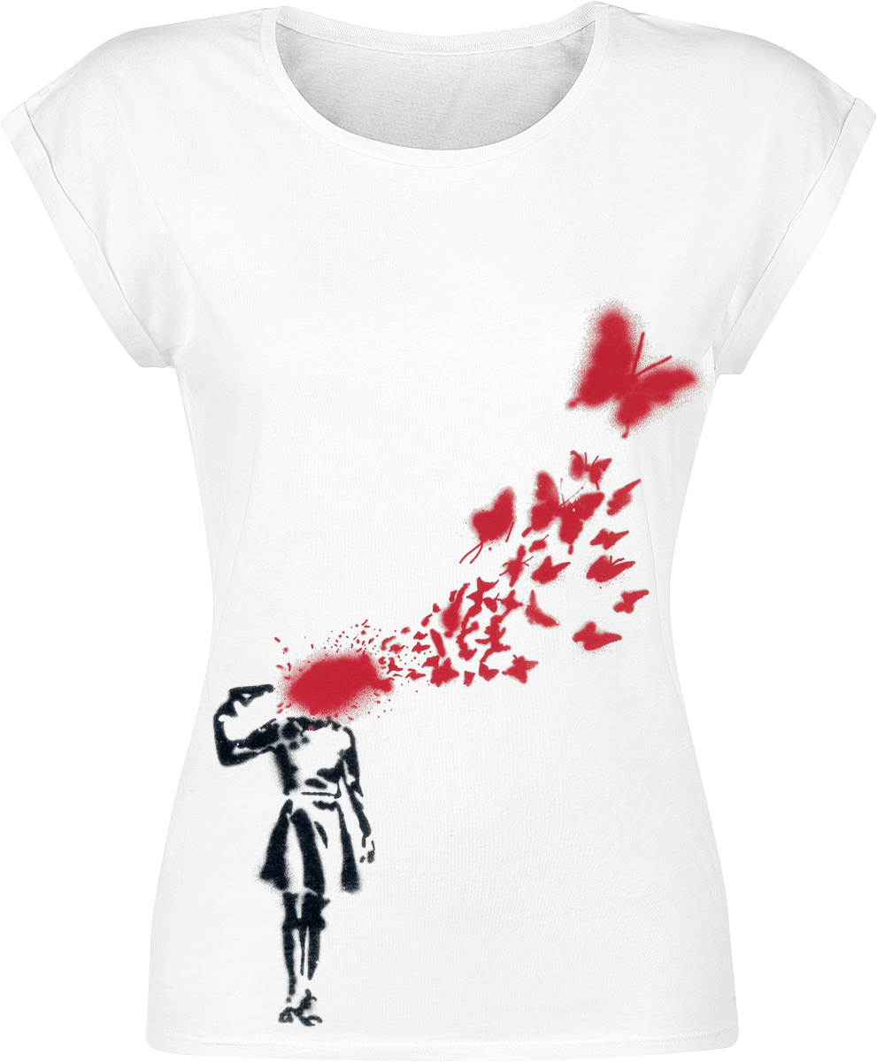 Banksy Girl Blowing Head Off White T-shirt 354384 Hhwcojm - Banksy Butterfly Girl Clipart (991x1200), Png Download