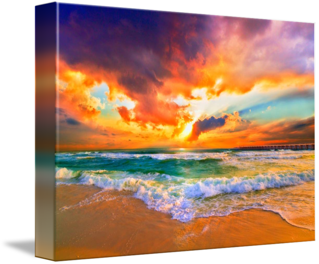 "red Orange Purple Sunset Green Sea Waves Art Print" - Sunset Beautiful Beach Clipart (650x538), Png Download