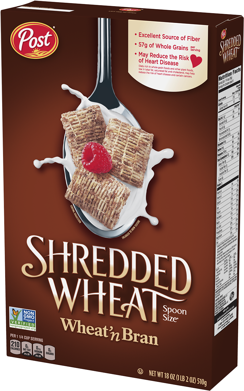 Post Shredded Wheat Spoon Size Wheat'n Bran Cereal - Shredded Wheat Cereal Post Clipart (800x1287), Png Download