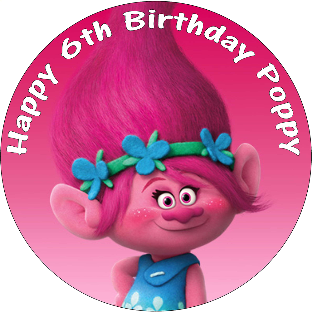 Poppy Troll Edible 8" Personalised Round Birthday Cake Clipart - Large...