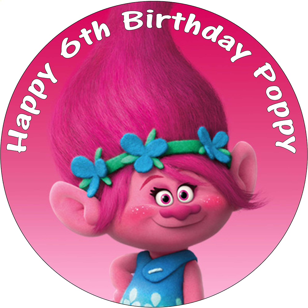 Poppy Troll Edible 8" Personalised Round Birthday Cake Clipart (1000x1000), Png Download