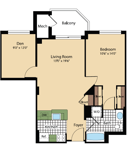 Floorplansthe Delano With Den - Meridian Pentagon City Floor Plans Clipart (640x480), Png Download