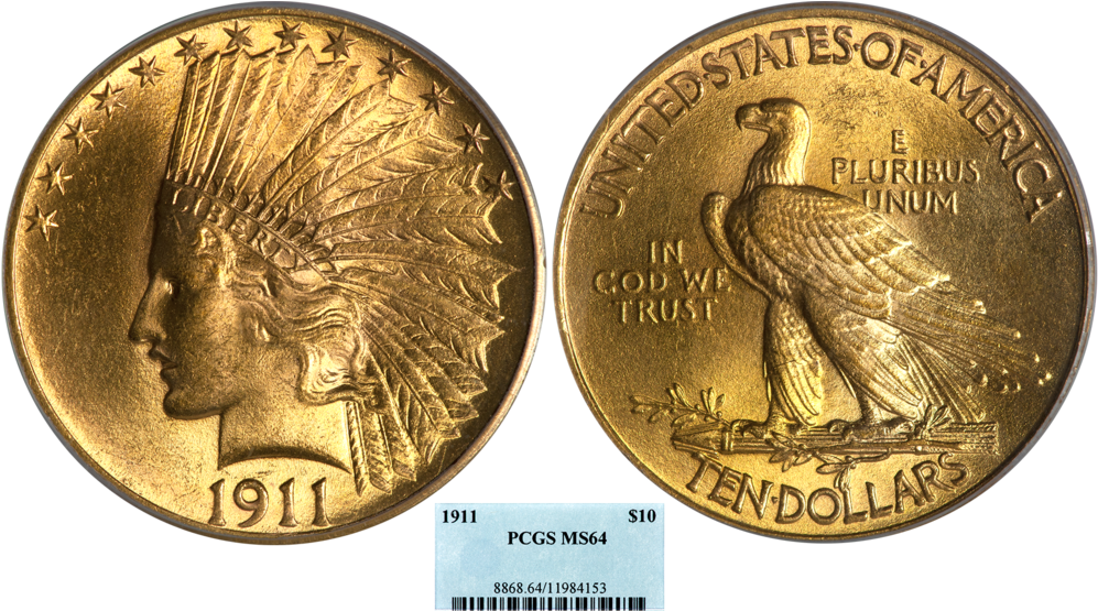 1911 $10 Ind Pcgs64 - Cash Clipart (1000x563), Png Download