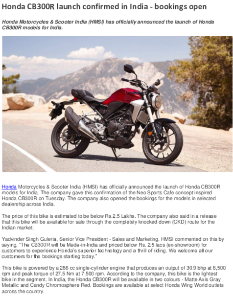 Pdf - Honda Cb 300r Price In India Clipart (600x776), Png Download