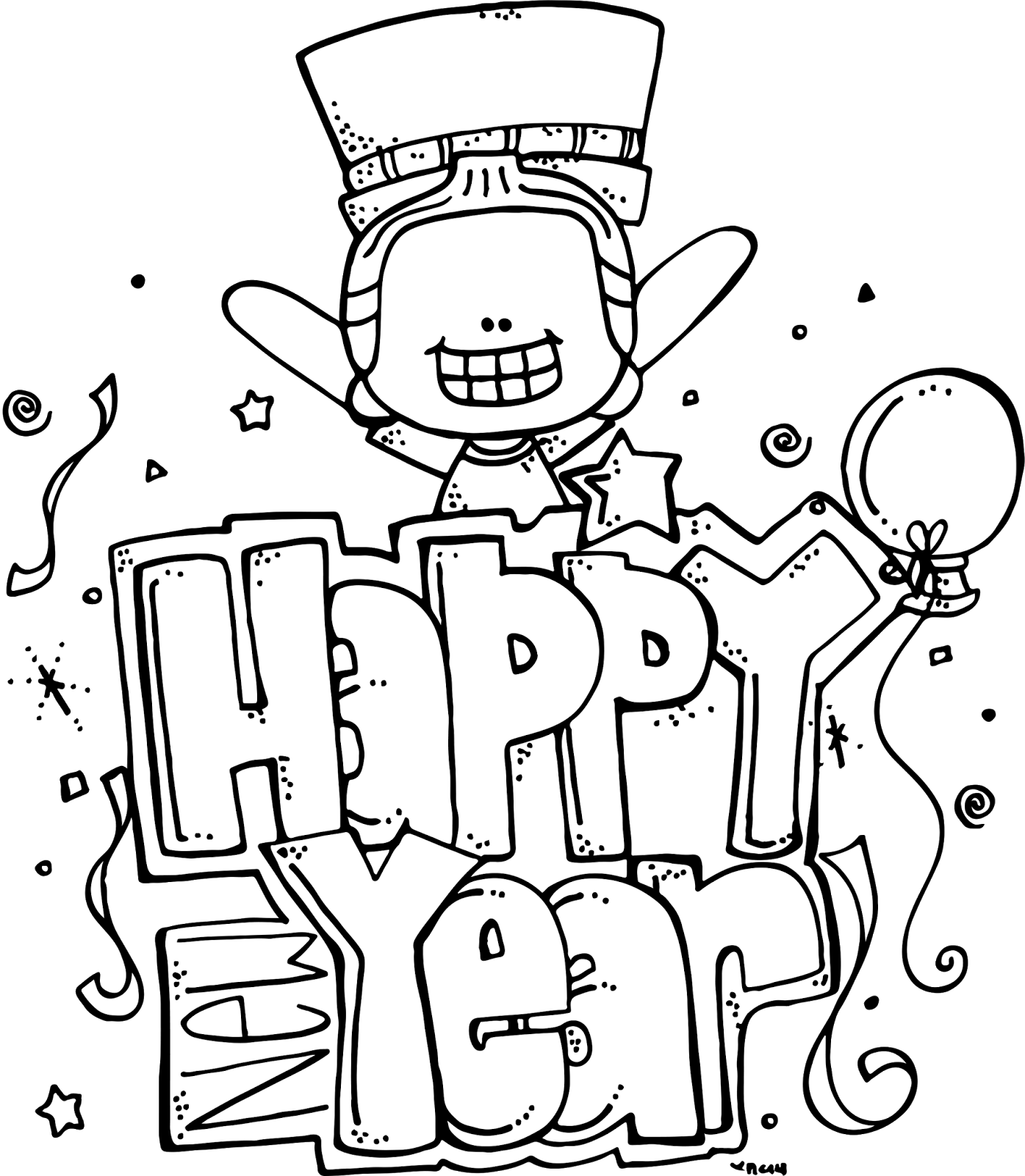 Melonheadz Illustrating Happy New Year Freebie - New Year 2019 Coloring Pages Clipart (1395x1600), Png Download