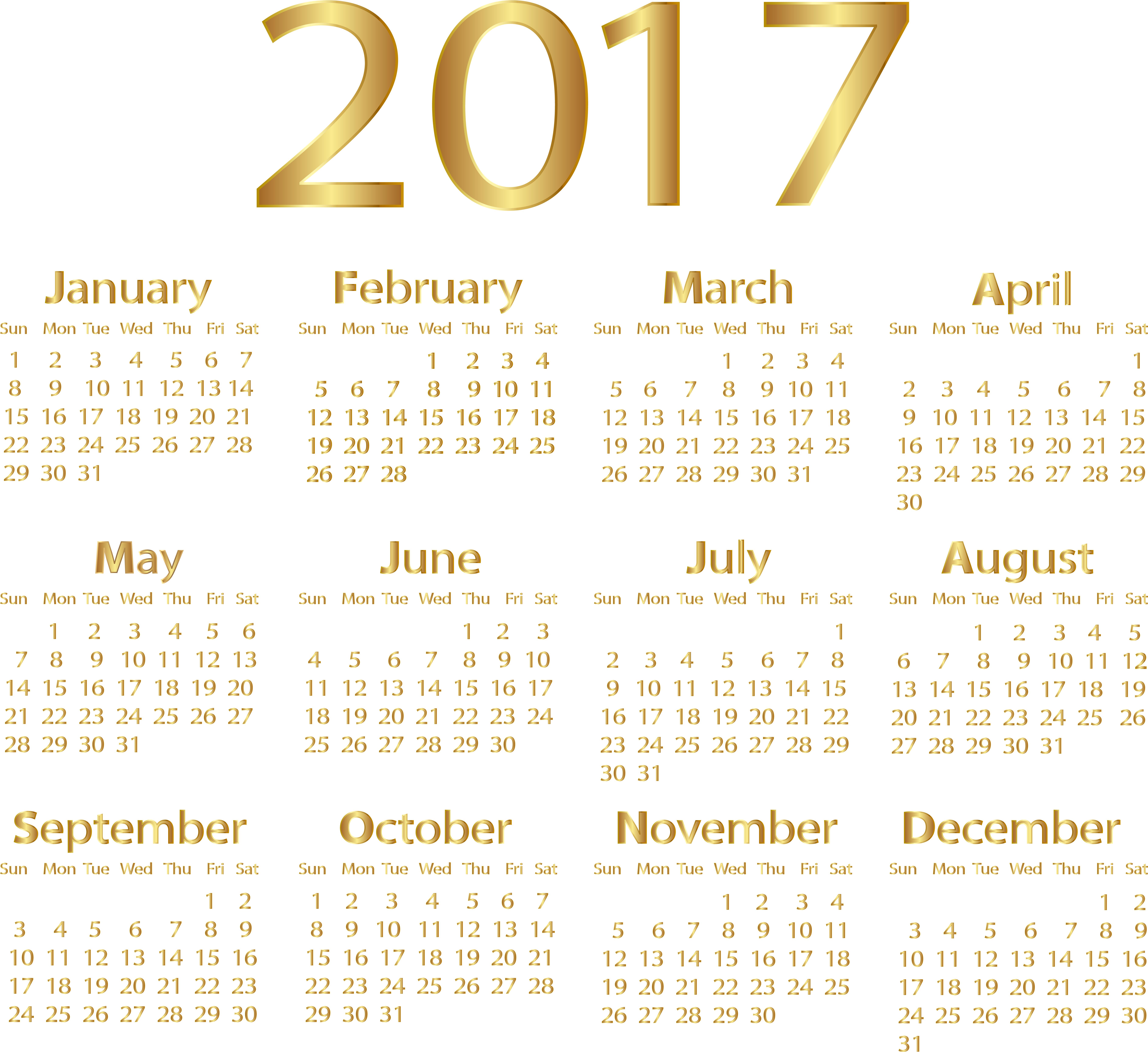2017 Gold Calendar Png Transparent Clip Art Image (8000x7330), Png Download