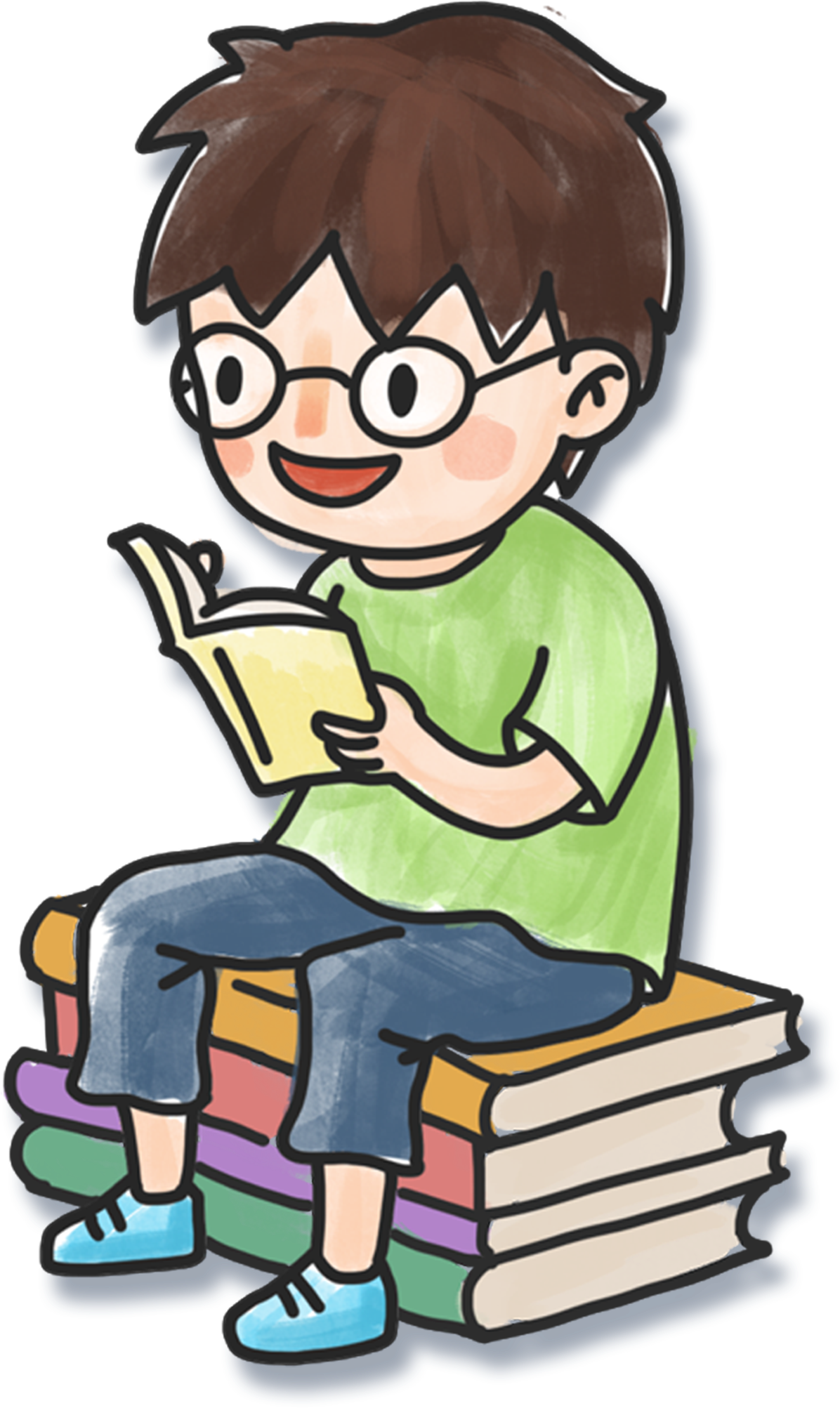 Hand Drawn Cartoon Boy Reading Book Decoration Png Clipart (1196x2005), Png Download