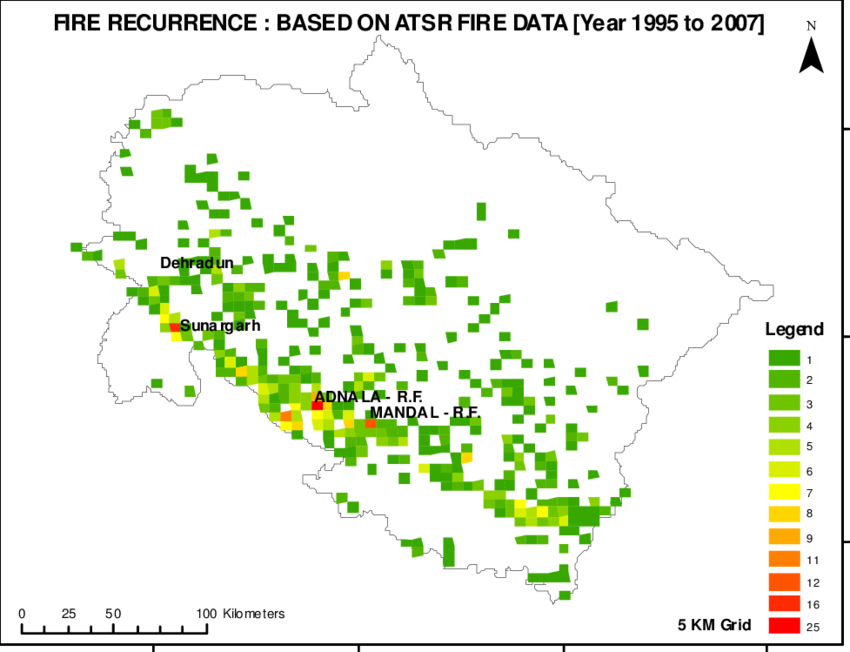 Map Of Reccurrence Of Fire In Uttarakhand State - Map Clipart (850x652), Png Download