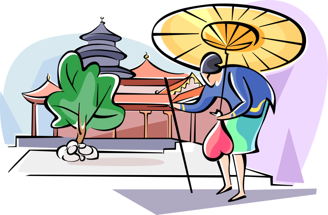 Vector Illustration Of Japanese Woman Walking With - Cartoon Clipart (1065x700), Png Download