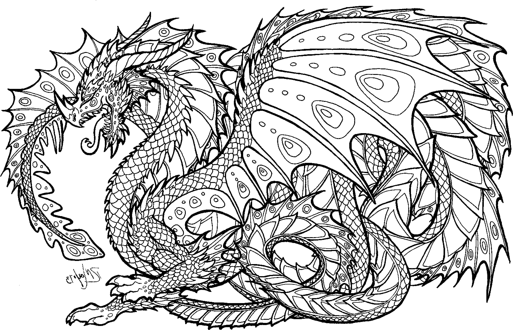 Realistic Dragon Coloring Pages For Adults Adult Colouring Clipart (1654x1066), Png Download