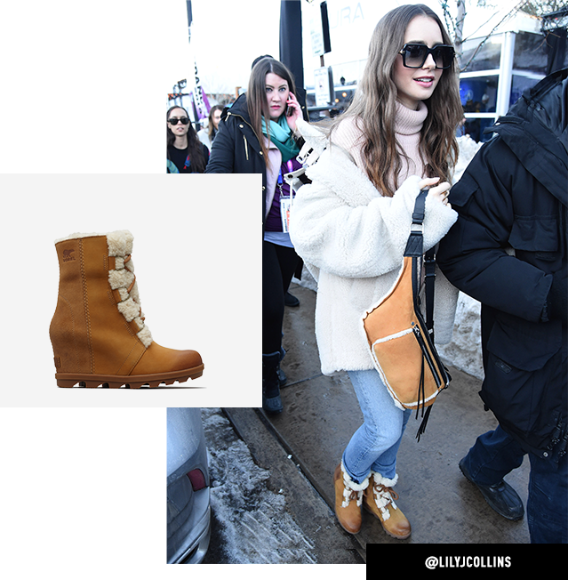 Lily Collins Wearing Joan Wedge Shearling Boots While - Park City Clipart (639x652), Png Download