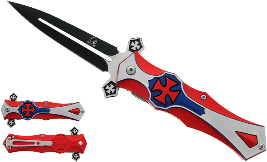 Falcon 8" Spring Assisted Iron Cross Knife Blue - Hunting Knife Clipart (1000x1000), Png Download