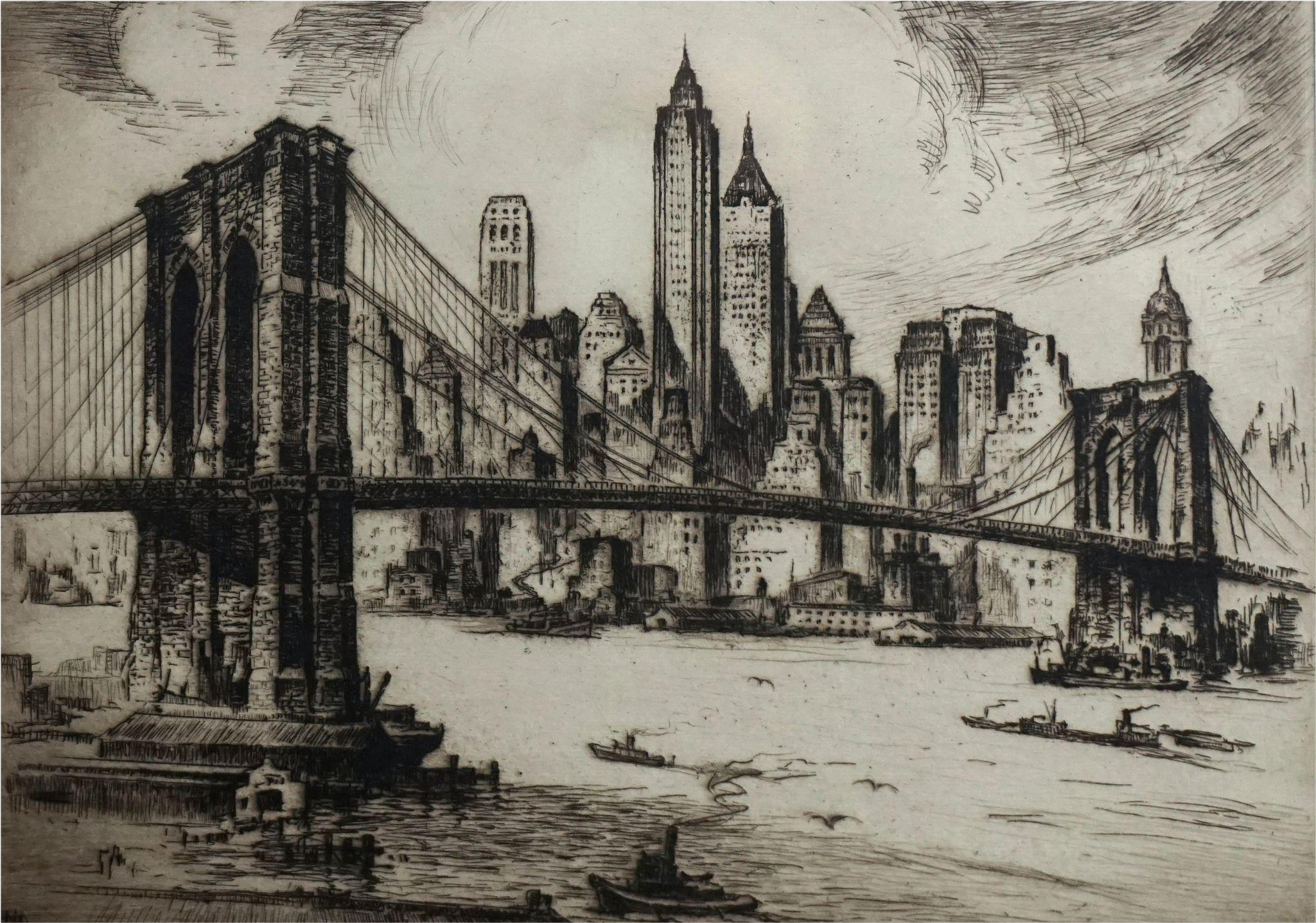 A Early 20th Century Etching Of Brooklyn Bridge - Still Life Clipart (2048x2048), Png Download