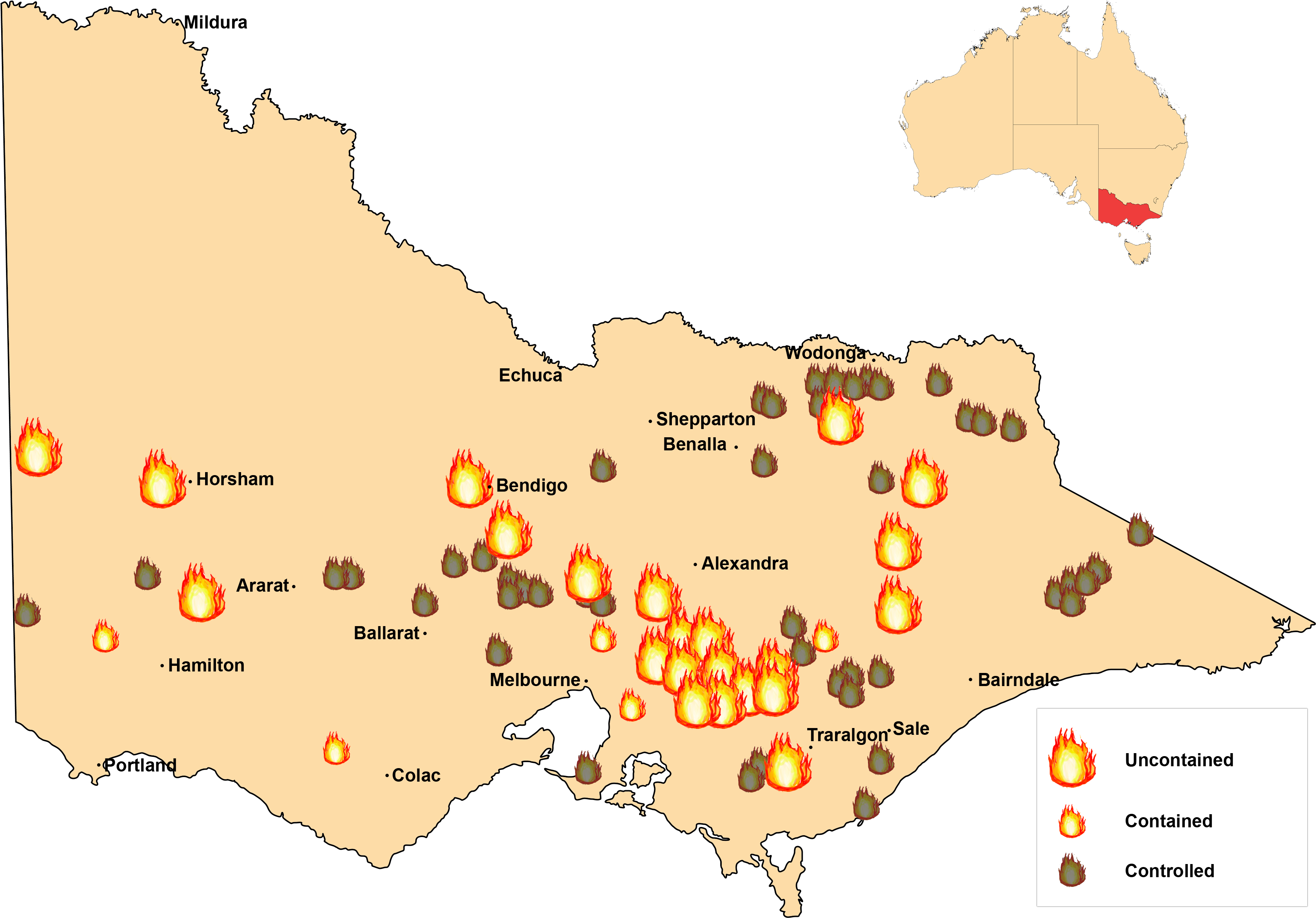 9am Feb 8 2009 Fire Locations Map - Location Of Black Saturday Clipart (3602x2500), Png Download