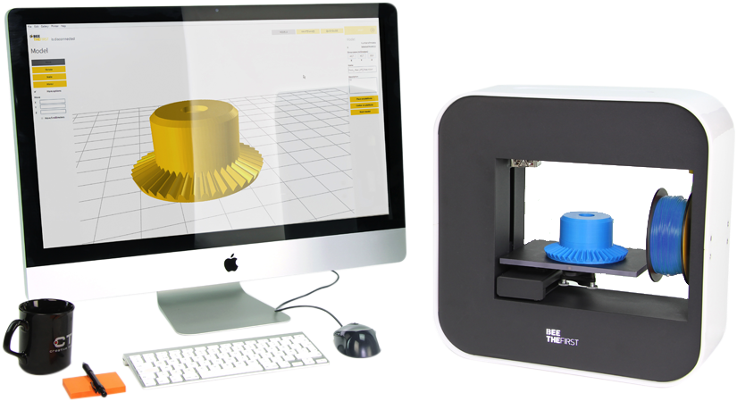 A Computer Showing Cad With A 3d Printer Printing The - Desktop Computer Clipart (852x567), Png Download