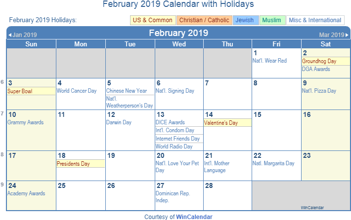 Printable February 2019 Holidays Calendar February - Holidays In February 2019 Clipart (720x458), Png Download