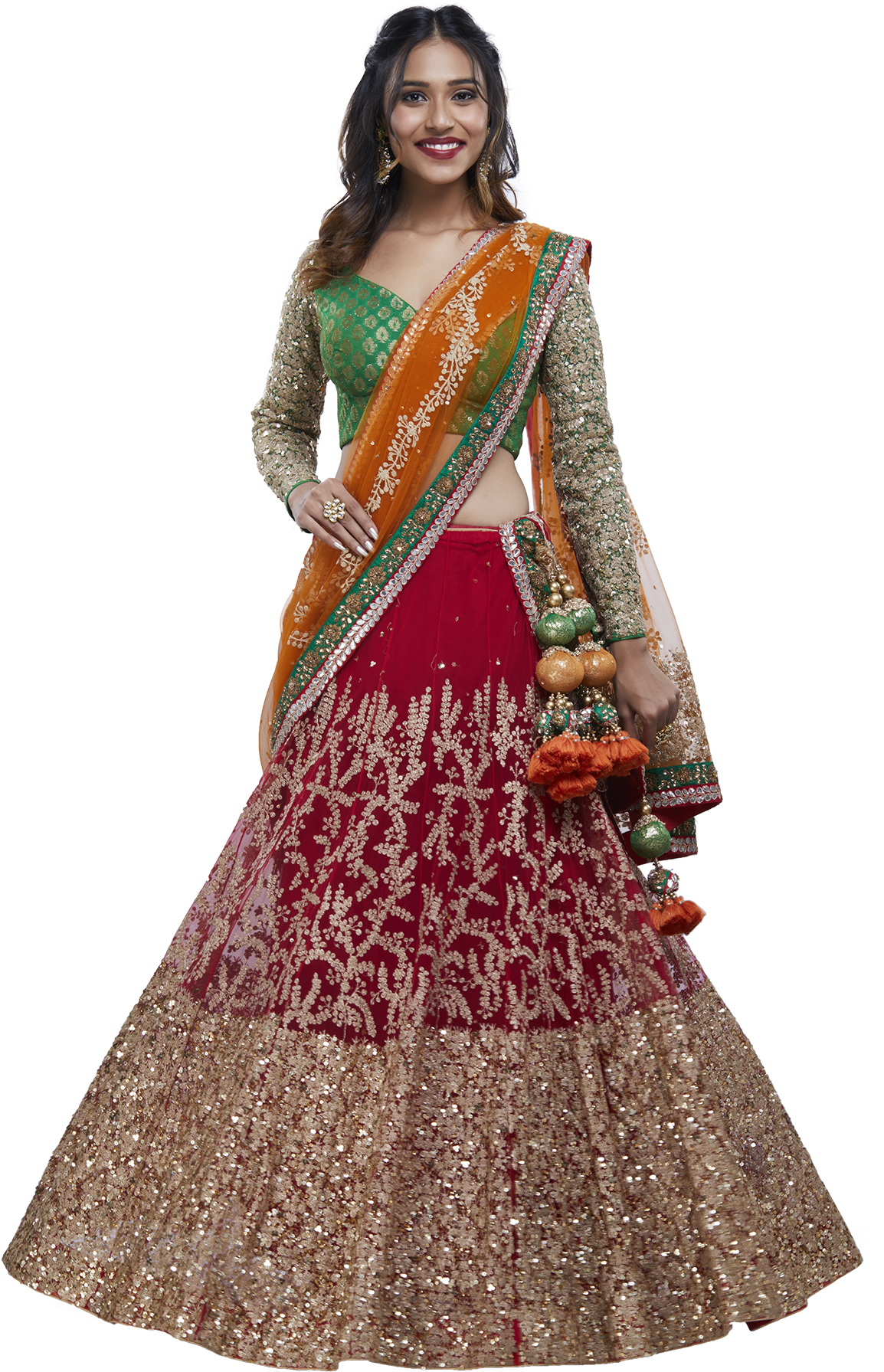 Red, Green And Orange Lehenga Set By June - Green And Orange Lehenga Clipart (1200x1800), Png Download