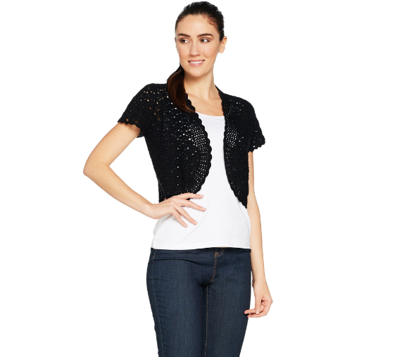 Susan Graver Hand Crochet Short Sleeve Shrug Black - Girl Clipart (800x506), Png Download