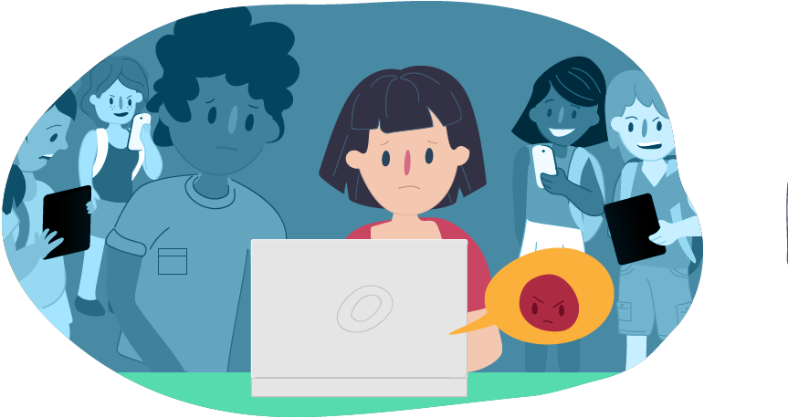 Sad Girl Sitting At Laptop While Others Laugh Around - Cartoon Clipart (863x458), Png Download