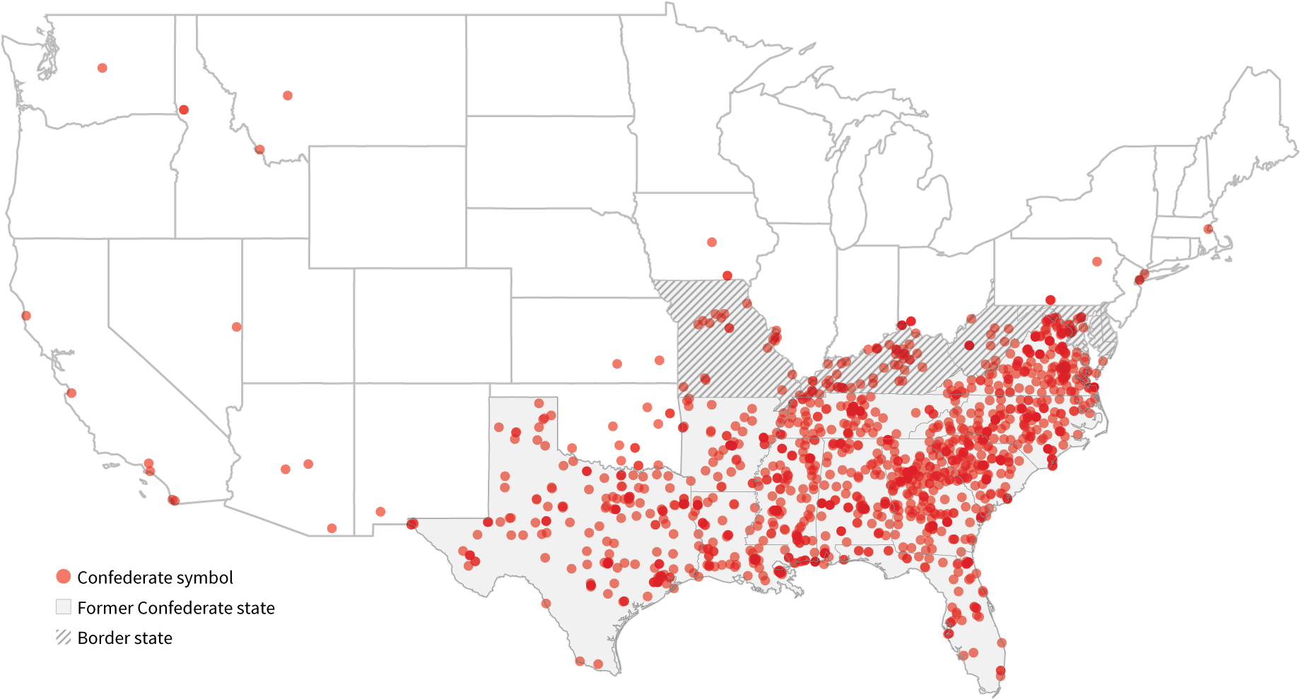 Majority Are Located In Former Confederate States - Map Of Confederate Statues Clipart (1840x1051), Png Download