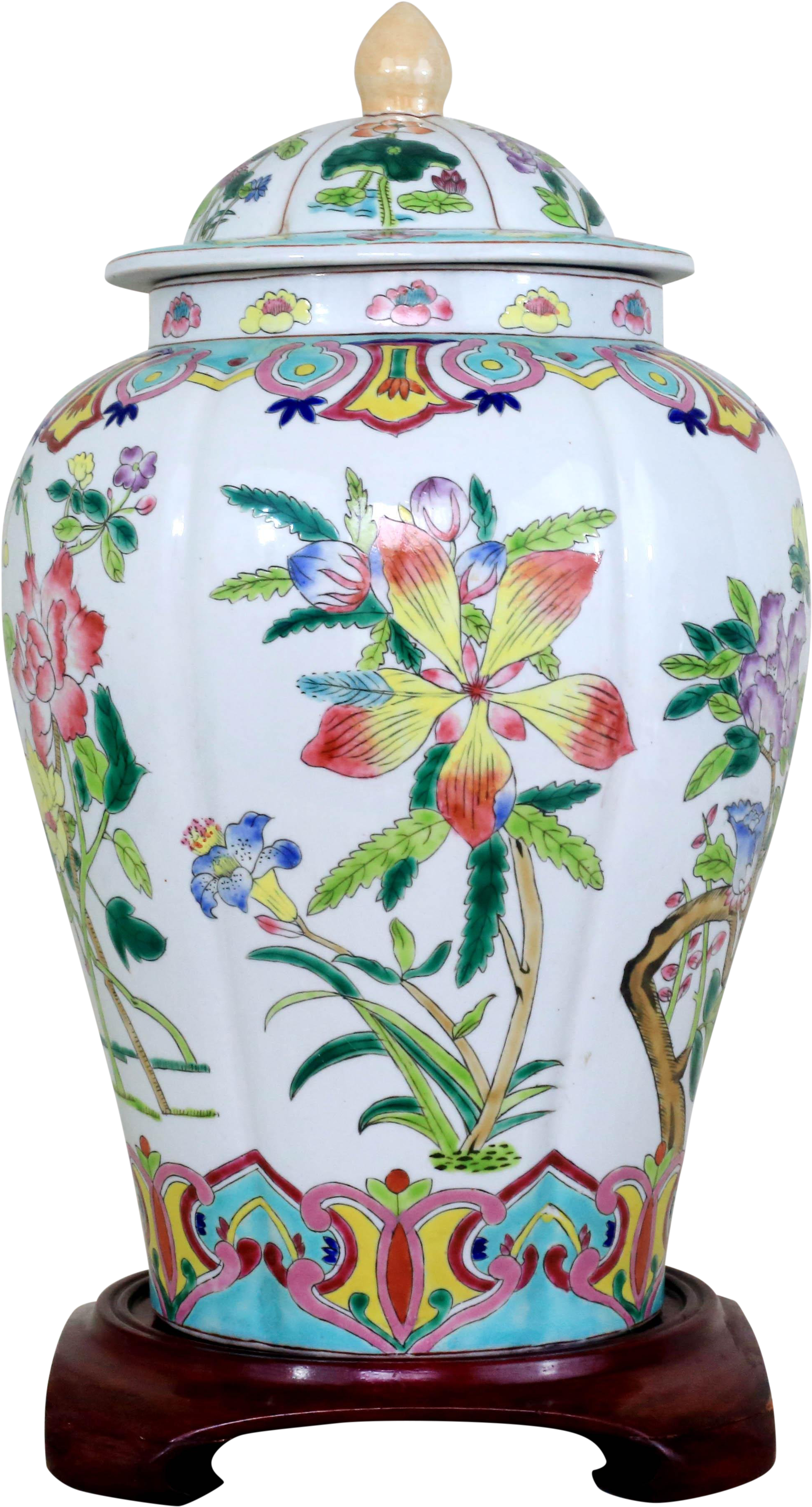 Vintage Large Ginger Jar With Hand-painted Lotus Flowers - Porcelain Clipart (2176x4037), Png Download