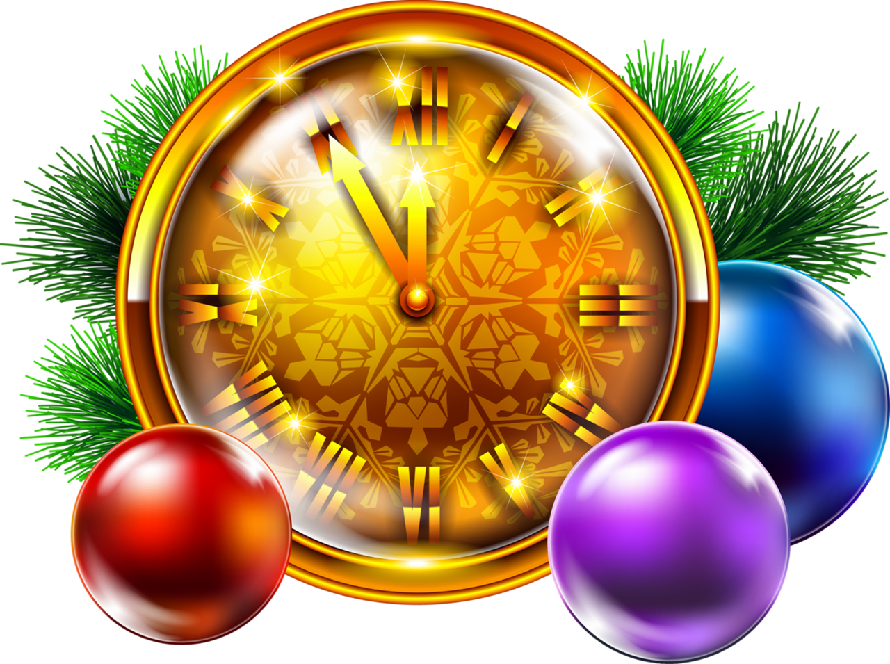 Transparent Golden Christmas Clock With Decoration - Golden Clock Png Clipart (1280x955), Png Download