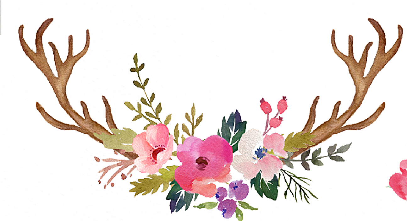 Antlers Flower Painted Wedding Hand Reindeer Invitation - Watercolor Antlers And Flowers Clipart (1295x704), Png Download
