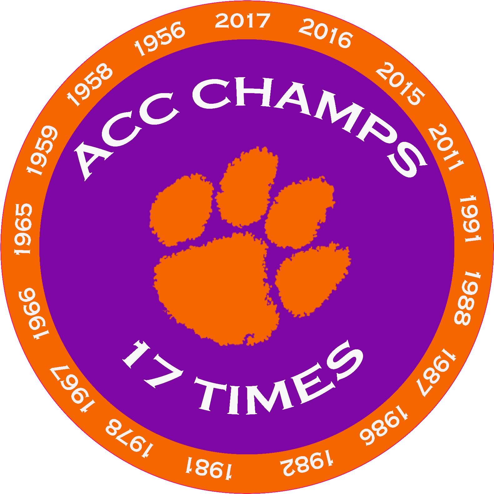 Clemson Tiger Paw Acc Champions 17 Time Decal Diecut - Clemson Tiger Paw Clipart (1600x1600), Png Download