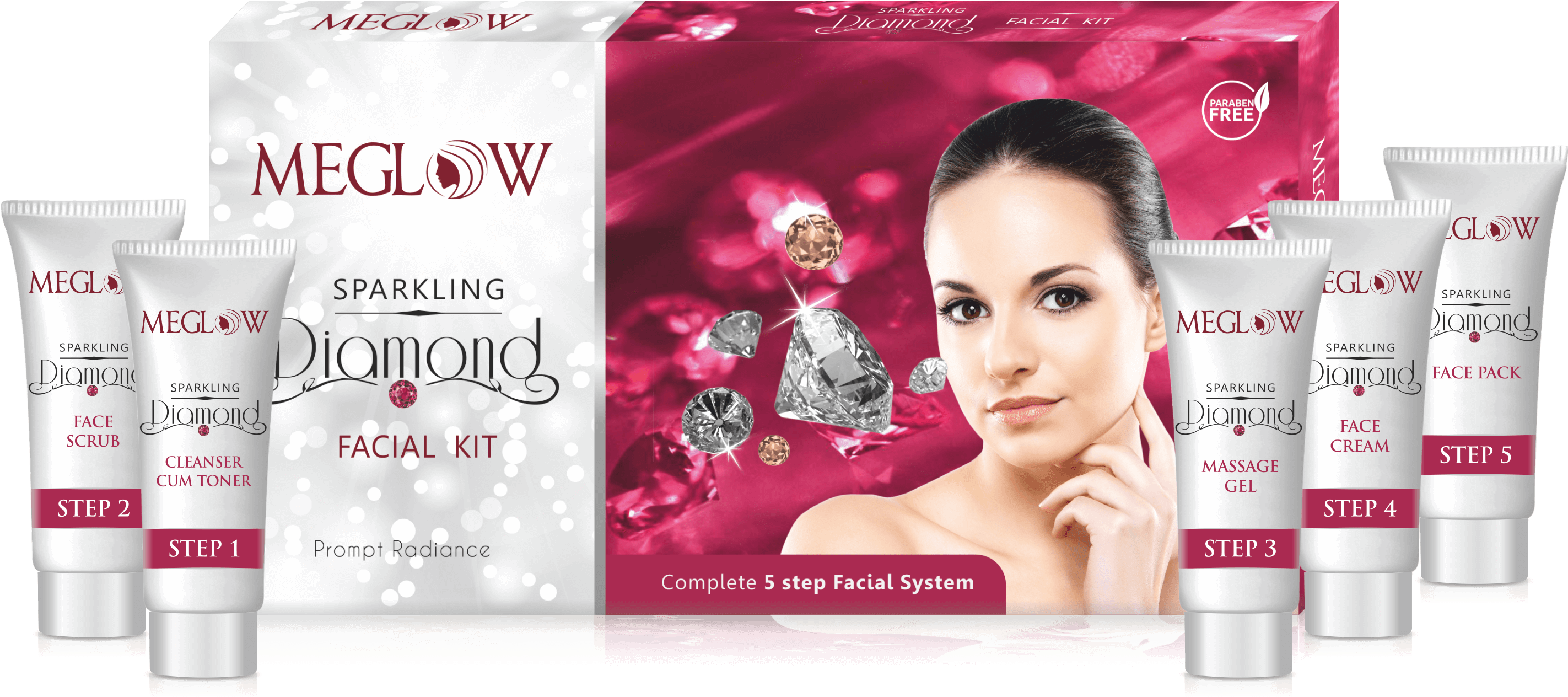 Meglow Diamond Sparkle Facial Kit - Meglow Cream Facial Kit Clipart (2844x1301), Png Download
