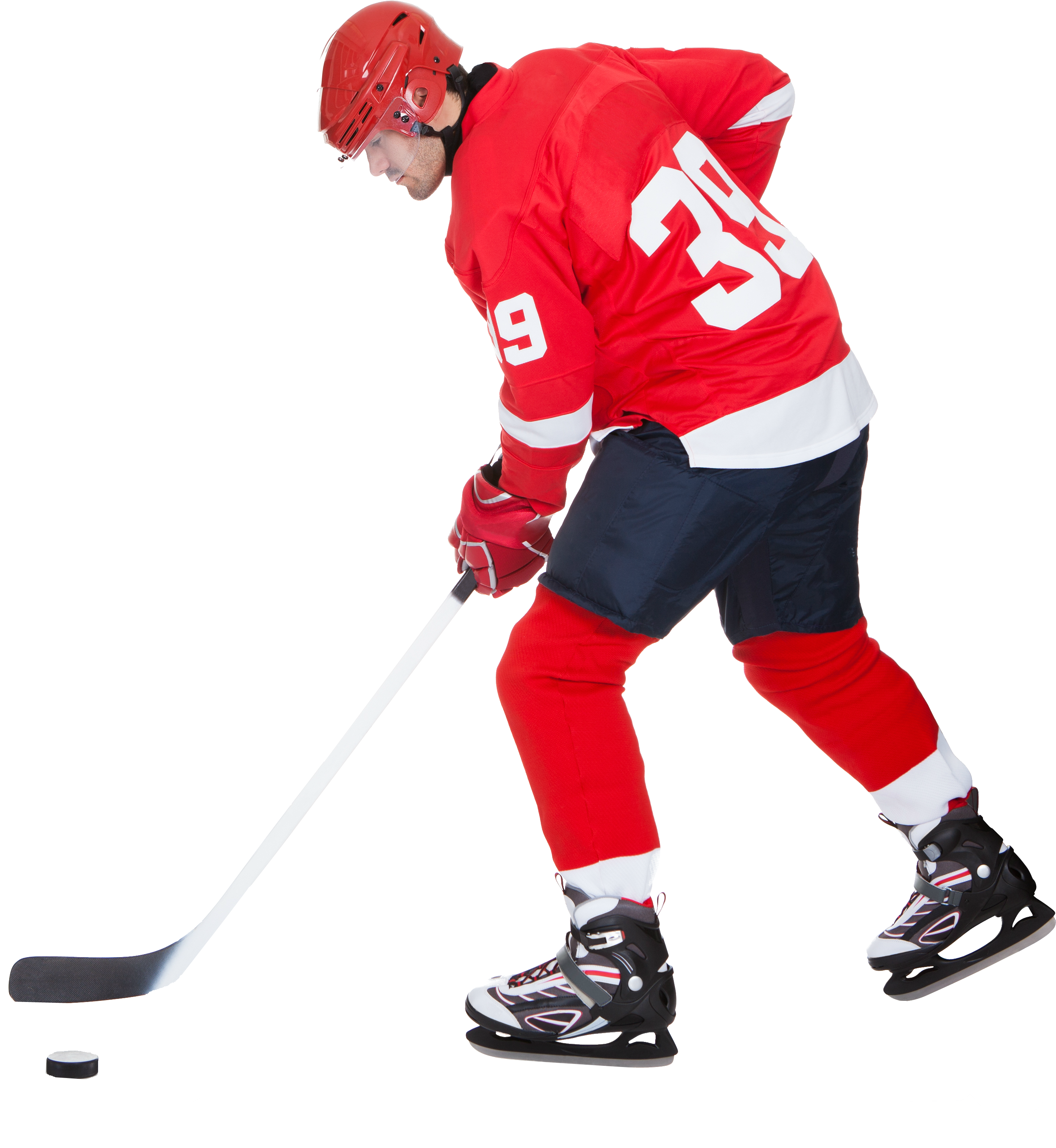 Shea weber. хоккеист в красно черной форме. хоккеист с боку. хоккеист на белом фоне. шайба для хоккея.