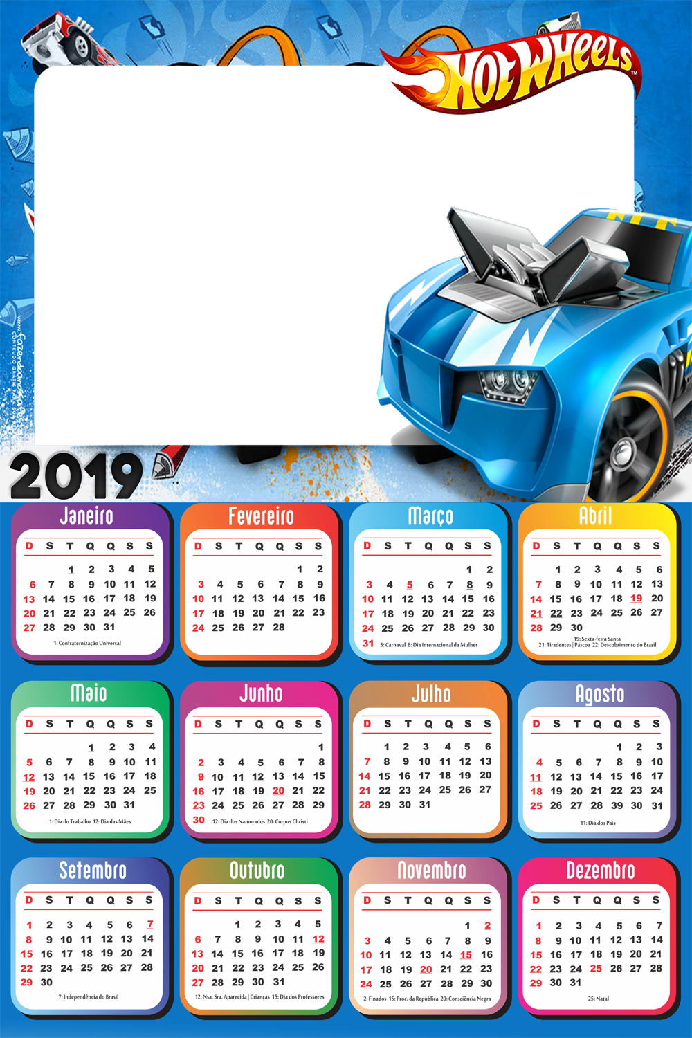 Calendário 2019 Hot Wheels Carro Azul Clipart (1000x1500), Png Download
