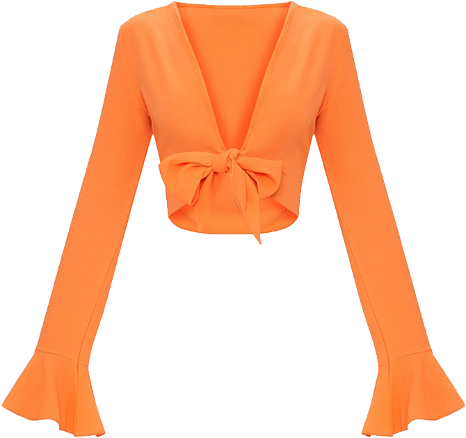 Orange Bell Sleeve Crop Top With Front Tie Knot Clipart (734x689), Png Download