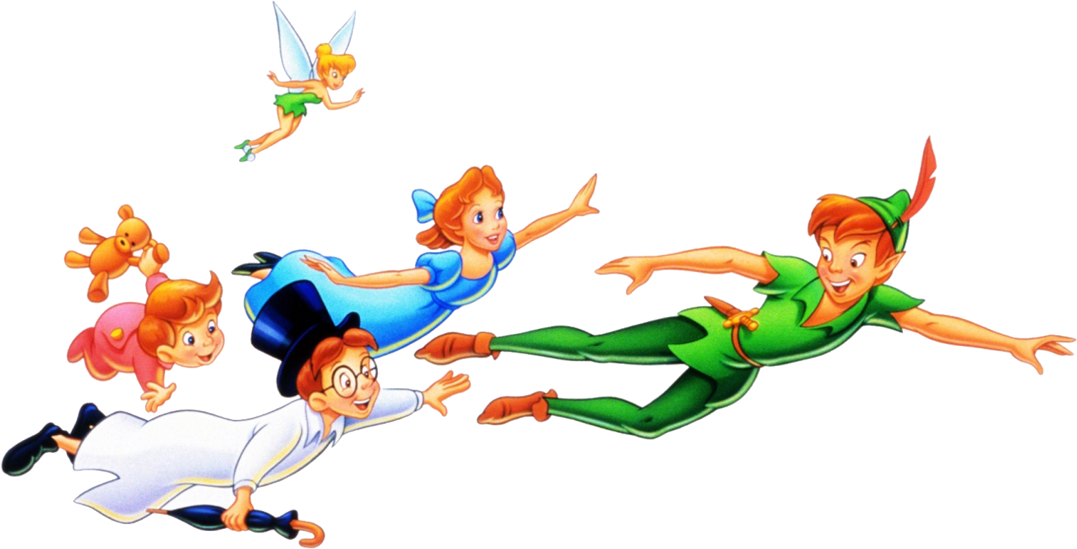 Peter, Wendy, Michael, John, And Tinkerbell - Peter Pan Characters Flying Clipart (1559x795), Png Download