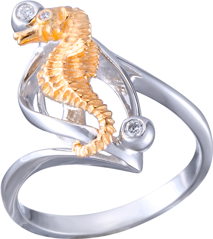 14k Two-tone Single Seahorse Ring With 3 Diamonds - Northern Seahorse Clipart (1024x768), Png Download